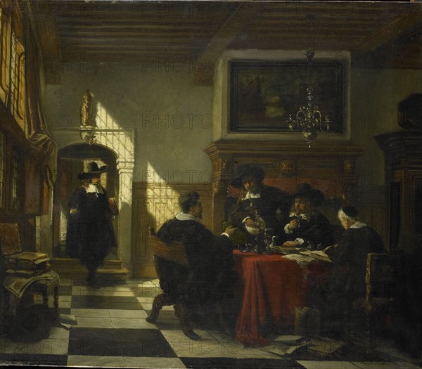 Group of men in 17th-century costume at a table with a Nautilus cup, 1873.  Creator: Johannes Anthonie Balthasar Stroebel.