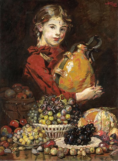 Monarosa, the painter's daughter, as a fruit seller, 1914. Creator: Martin Monnickendam.