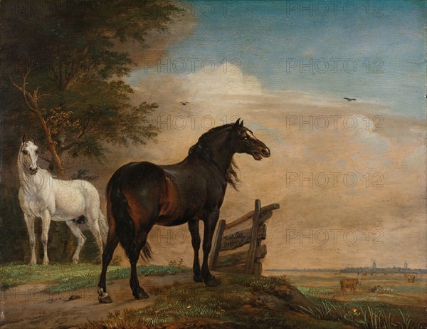 Two Horses in a Meadow near a Gate, 1649. Creator: Paulus Potter.