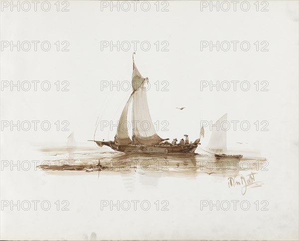 Sailing ship with figures on the water, 1830-1860. Creator: Albertus van Beest.