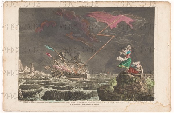 View of a ship struck by lightning at sea, 1700-1799. Creator: Unknown.