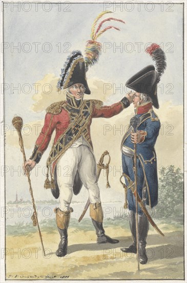 Two standing soldiers, 1801. Creator: Jan Antony Langendijk.