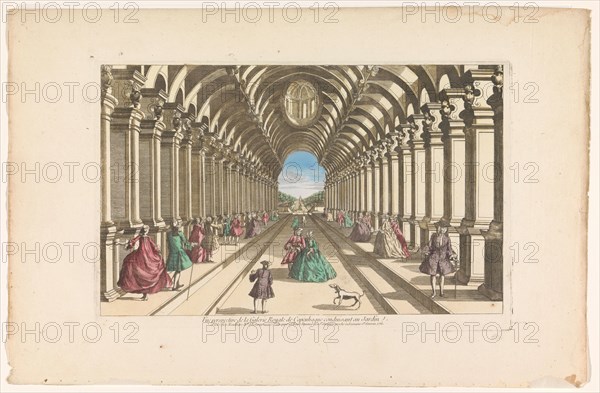 View of a gallery leading to a garden in Copenhagen, 1761. Creator: Unknown.