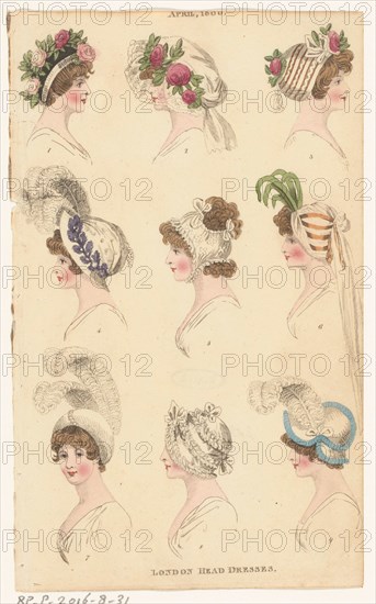 Magazine of Female Fashions of London and Paris, April 1800, London Head Dresses, 1800. Creator: Unknown.