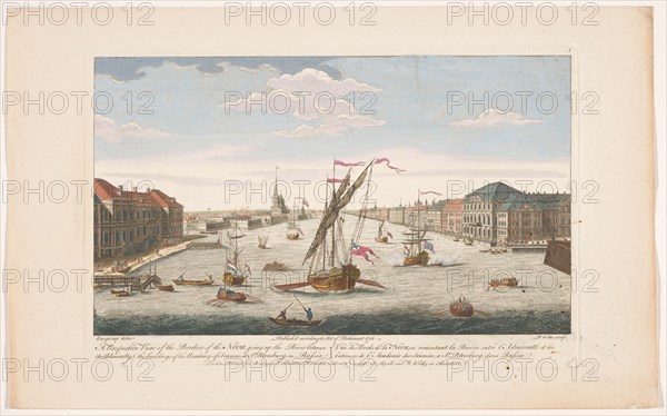 View of the Neva River in Saint Petersburg, viewed against the current, 1756. Creators: Robert Sayer, Robert Watts.