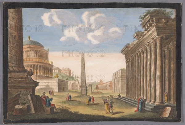 View of the ruins of Trajan's Column, the Arch of Constantine and other monuments..., 1745-1794. Creator: Anon.