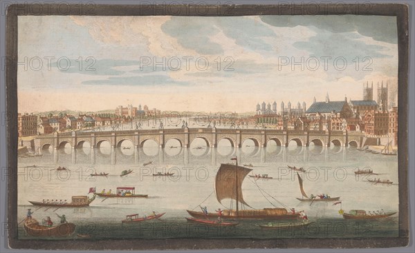 View of Westminster Bridge over the River Thames in London, viewed from the north, 1751. Creator: Fabr. Parr.