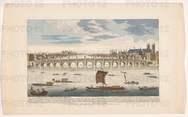 View of Westminster Bridge over the River Thames in London, viewed from the north, 1751. Creator: Fabr. Parr.