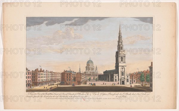 A perspective view of the north west front of ye parish church of St. Brides', London, 1753. Creator: Thomas Bowles.