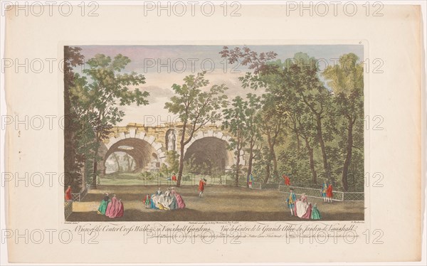 View of an avenue in Vauxhall Gardens in London, 1751. Creator: Edward Rooker.