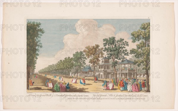 View of an avenue in Vauxhall Gardens in London, seen from the entrance, 1751. Creator: Edward Rooker.