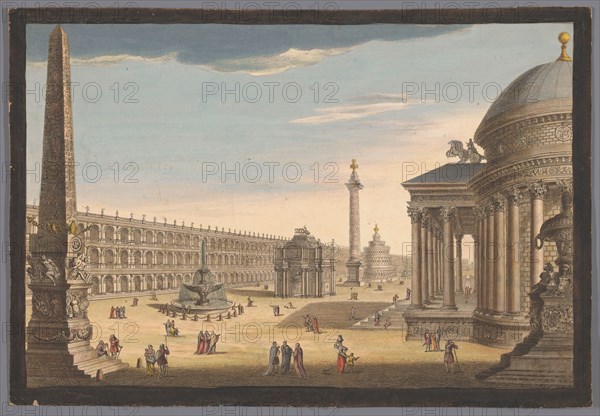 View of an obelisk, a triumphal arch, a column and other structures in Rome, 1756. Creator: Unknown.