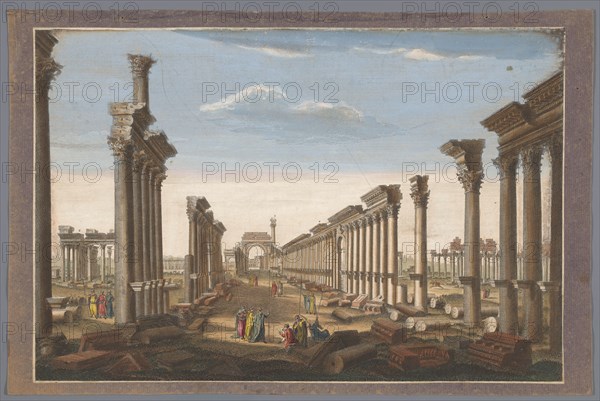 View of the ruin of the arch of the colonnade at Palmyra, seen from the west side, 1745-1794. Creator: Anon.