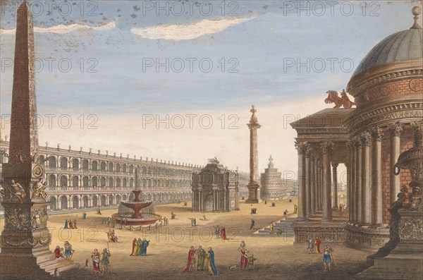 View of an obelisk, a triumphal arch, a column and other structures in Rome, 1756. Creator: Unknown.
