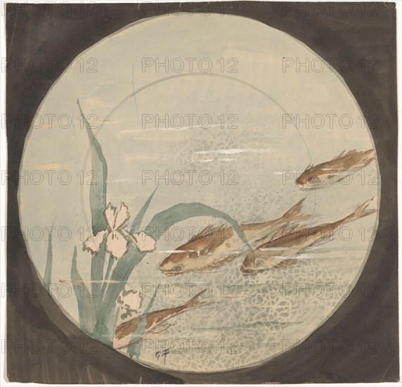 Design for a plate with four brown fish and a white iris, c.1875-c.1890. Creator: Gustave Fraipont.