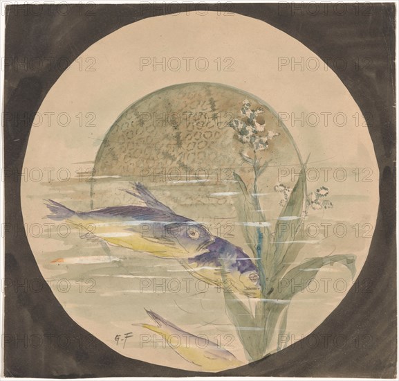 Design for a plate with three blue and yellow fish and a water plant, c.1875-c.1890. Creator: Gustave Fraipont.