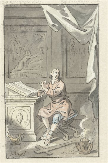 Sitting man with folded hands, before a Bible, c.1734-c.1801. Creator: Jacobus Buys.