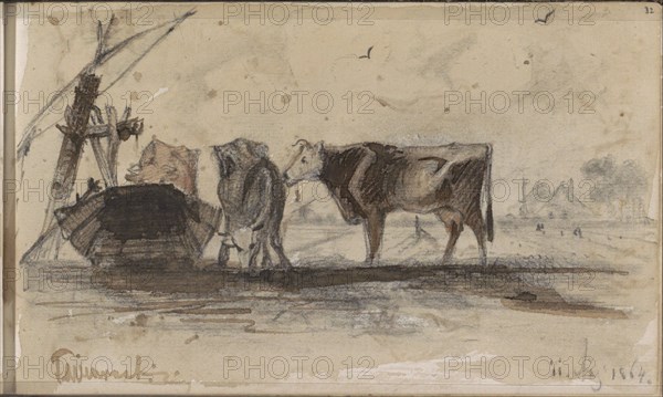 Pasture with cows at a trough, 1864. Creator: Johannes Tavenraat.