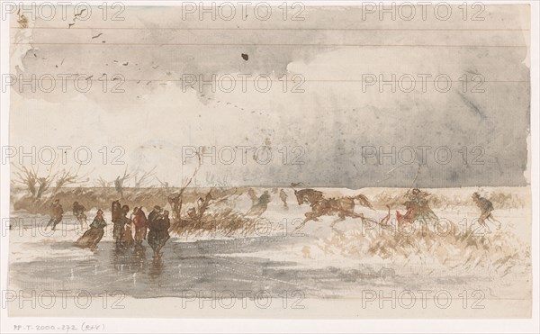 Skaters and horse sleigh on the ice, 1840-1880. Creator: Johannes Tavenraat.