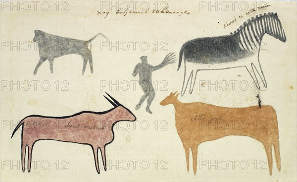 Copies of San rock paintings depicting creatures, 1777. Creator: Robert Jacob Gordon.