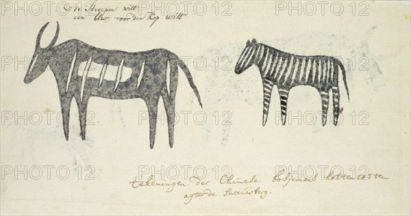Copies after San rock-paintings of two animals, 1777. Creator: Robert Jacob Gordon.