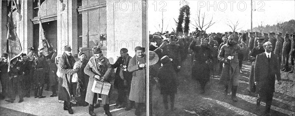'La Suisse hospitaliere; l'arrivee a Leysin, le 27 janvier 1916, des premiers prisonniers francais.. Creator: Unknown.