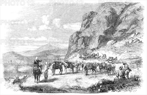 Punjaub Battery preparing to enter the Durwanzal Pass into the Koorum Valley, 1857. Creator: Unknown.