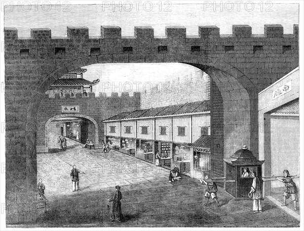 Street within the City Walls, Canton - from a drawing by a Chinese artist, 1857. Creator: Unknown.