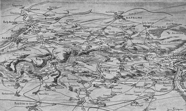 'Croquis perspectif de terrain de l'offensive franco-britannique sur les deux rives de la Somme,1916 Creator: Unknown.