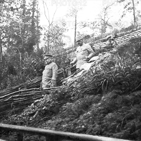 'M. Poincare, le Ministre de la Guerre et le general Joffre sur le front de la Somme; Depart...,1916 Creator: Unknown.