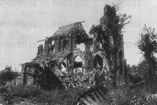 'Les ruines reconquises: eglises de villages, dans la Somme; l'eglise de Frise', 1916. Creator: Unknown.