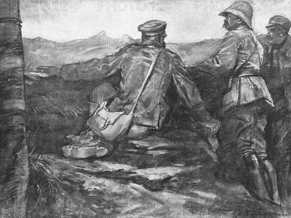 ''Le Terrain de l'offensive; Prisonnier bulgare montrant a deux officiers, un Francais..., 1918. Creator: Unknown.