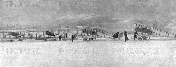 ''En campagne avec les Serbes; Escadrille francaise de Serbie surprise par une forte chute..., 1915. Creator: Unknown.