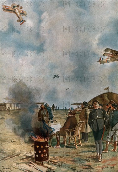 ''Notre Aviation de Guerre; Au "centre de perfectionnement"; un renversement un peu..., 1918. Creator: Francois Flameng.