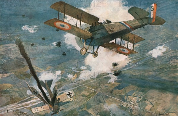 ''Combat Aerien; L'avion ennemi s'abat en flammes. -- Le Spad vainqueur est encadre..., 1918. Creator: Francois Flameng.