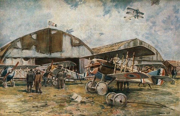 ''Combat Aerien; Devant les hangars d,une escadrille de chasse', 1918. Creator: Francois Flameng.