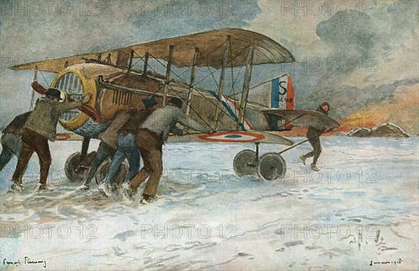 ''Combat Aerien; Retree d'Spad qui a atterri loin des hangars, a l'autre extremite..., 1918. Creator: Francois Flameng.