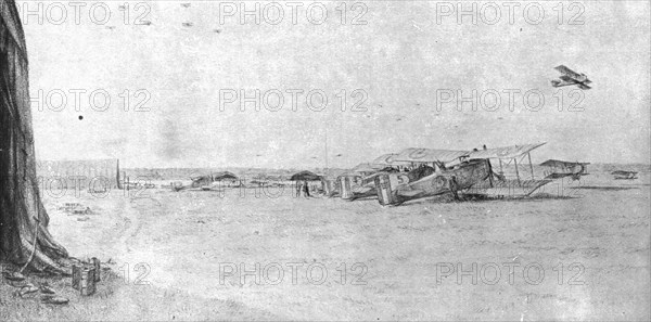 ''Combat Aerien; en escadre; depart d'une escadre; trois escadrilles sont deja formees..., 1918. Creator: Etienne Cournault.