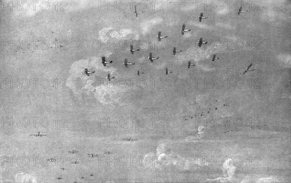 ''Combat Aerien; en escadre; Escadre de bombardement en expedition...,1918. Creator: Etienne Cournault.