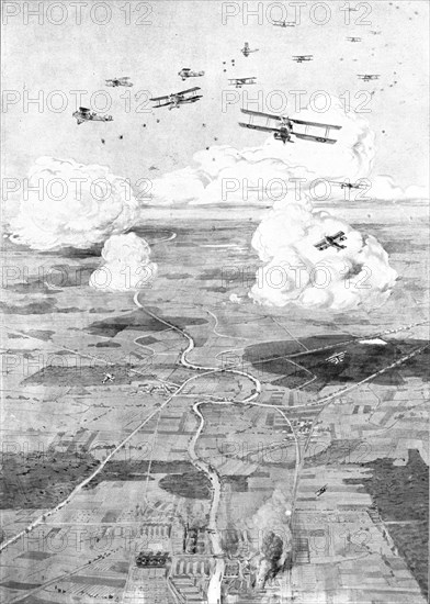 ''Combat Aerien; Un raid de jour; Escadre Francaise sur l'objectif; des usines au d'une...', 1918. Creator: Etienne Cournault.