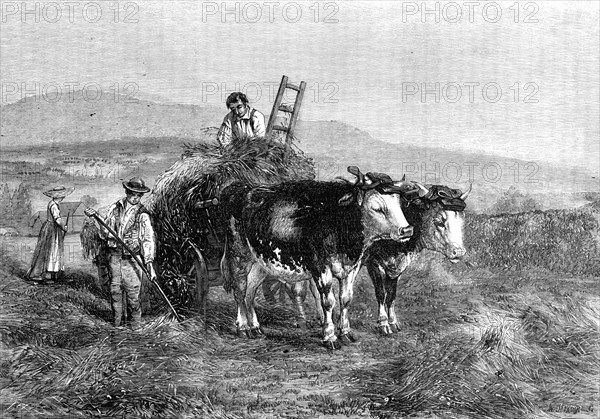 Haymaking in Switzerland - painted by H. Moore, from the Exhibition of the National..., 1857. Creator: Mason Jackson.