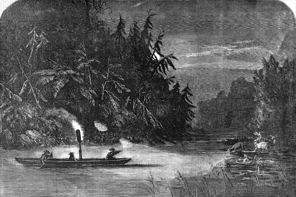 Water-Hunting for Deer: a Night Scene on the River Susquehanna, Pennsylvania, 1857. Creator: Unknown.