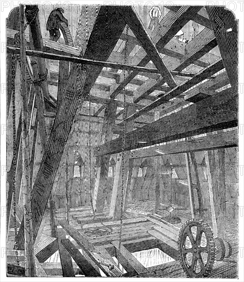 Scaffolding for Raising the Quarter-Bells in the Clock Tower of the New Houses of Parliament, 1857. Creator: Unknown.