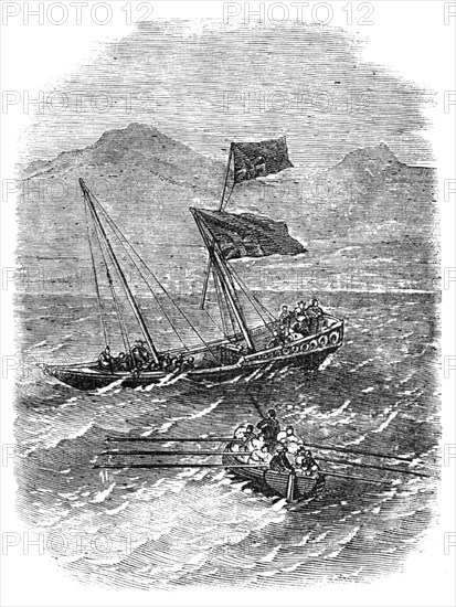 Boat from the "Madras" Steamer picking up an Arab Budgerow in the Red Sea, with Capt Gough..., 1857. Creator: Unknown.