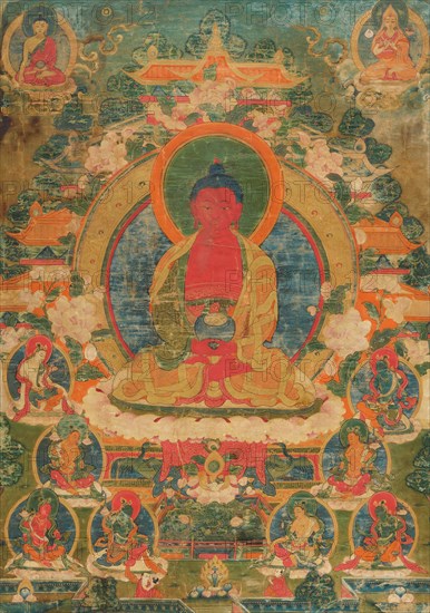 A thangka of Amitabha in the Pureland of Sukhavati, 18th century. Creator: Tibetan culture.