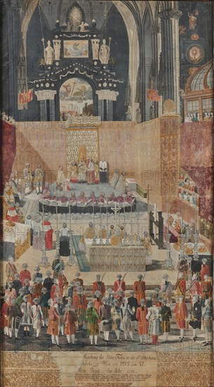 Pope Pius VI celebrates the Easter Holy Mass in St. Stephen's Cathedral in Vienna..., 1782, 1788. Creator: Anonymous.