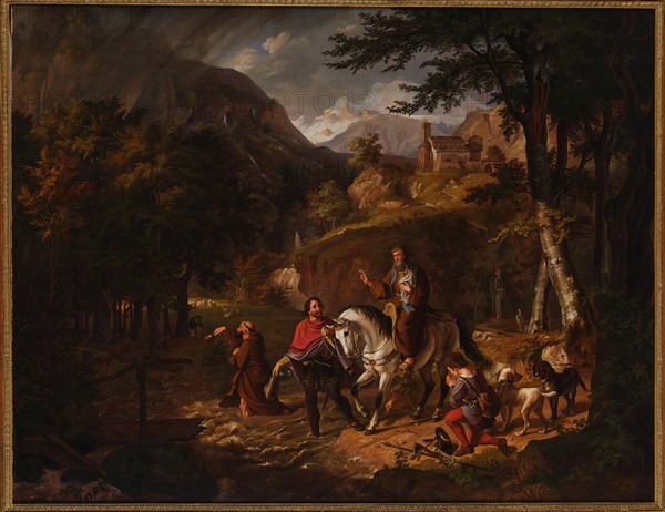 The Habsburg legend: Count Rudolf helps a priest over a torrent, 1830. Creator: Müller, Friedrich Wilhelm (1801-1889).