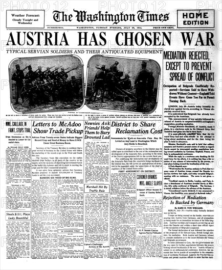 The Washington Times Front Page from July 28th, 1914: "Austria has chosen war", 1914. Creator: Historic Object.