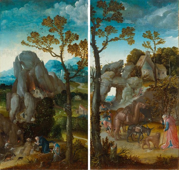 Two panels of an altar: Temptation of Saint Anthony, Saint Jerome in a landscape. Creator: Cock, Jan Wellens de (ca 1480-1527).