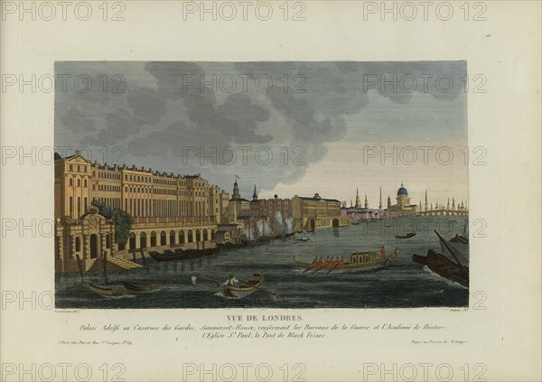 Vue de Londres, palais Adelfi ou caserne des Gardes Somerset House, renfermant les..., 1817-1824. Creator: Courvoisier-Voisin, Henri (1757-1830).